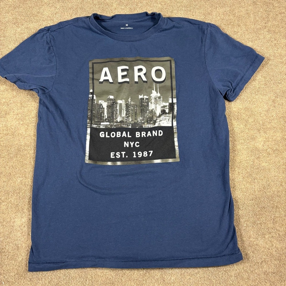 Aéropostale T-Shirt Mens Medium Navy New York City Skyline Box Graphic Crew Neck